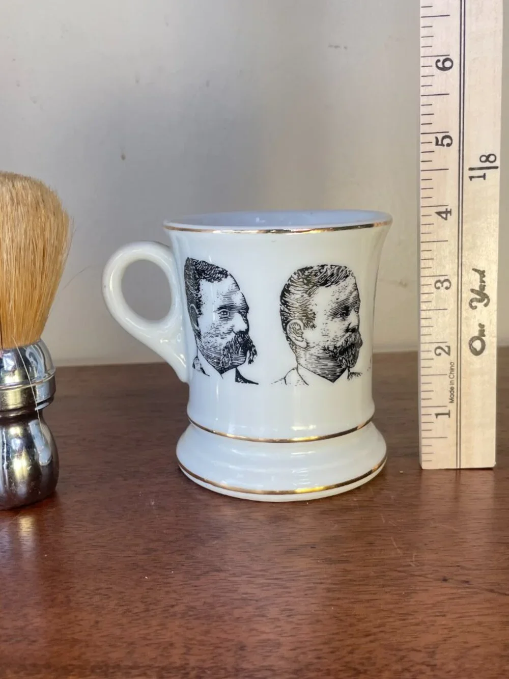 VTG Porcelain Barber's Mug Mustached Gentlemen & Shaving Brush Barbershop